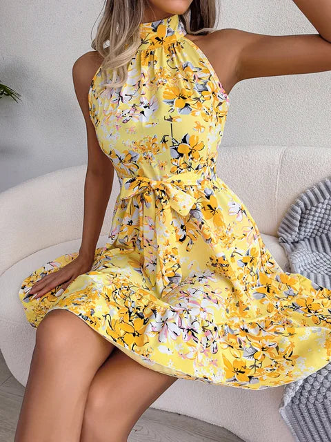 Chiffon Women's Spring/Summer Temperament Lace Up Sleeveless Ruffle Mini Dress