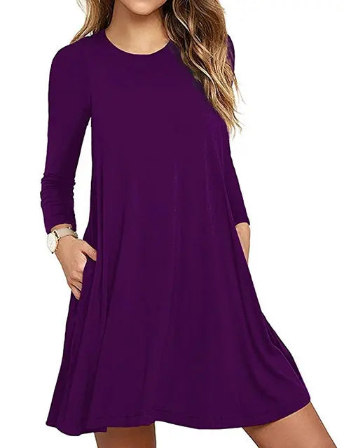 Autumn/Winter Solid Color Temperament Elegant Comfortable Long Sleeve Round Neck Loose Swing Pocket Dress