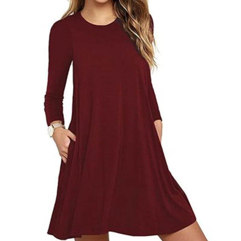 Autumn/Winter Solid Color Temperament Elegant Comfortable Long Sleeve Round Neck Loose Swing Pocket Dress