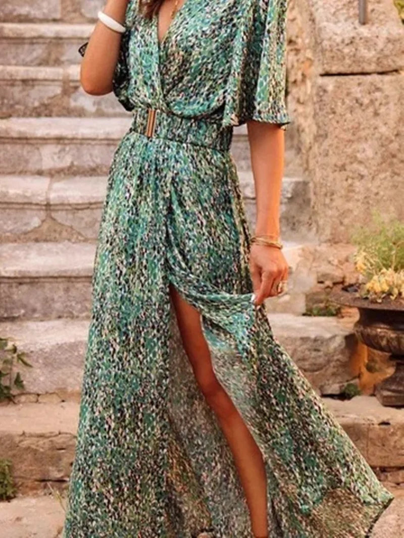 Spring And Summer Women's Printed Elegant Slim Waist Short Sleeve V-neck Chiffon Split Vintage Dress
