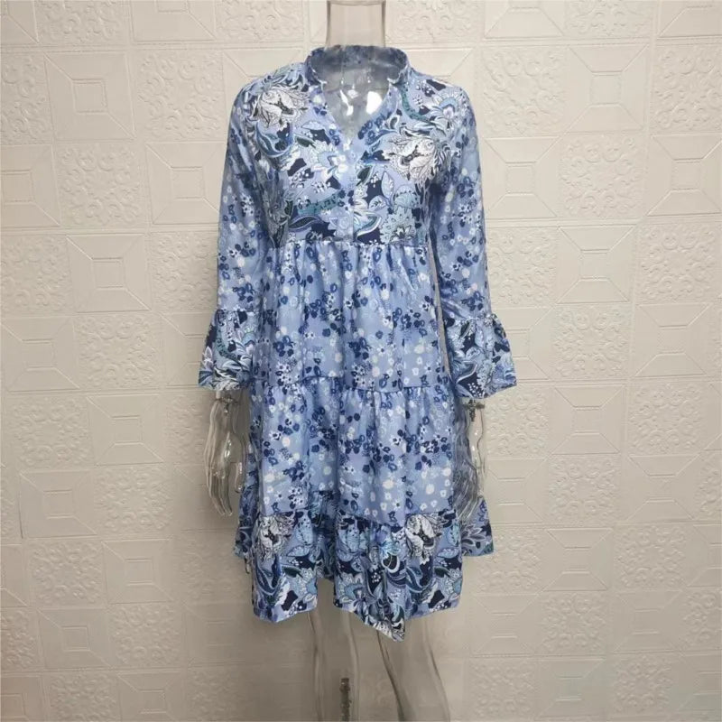 Spring/Autumn Pullover V-neck High Waist Flower Splice Mini Dress
